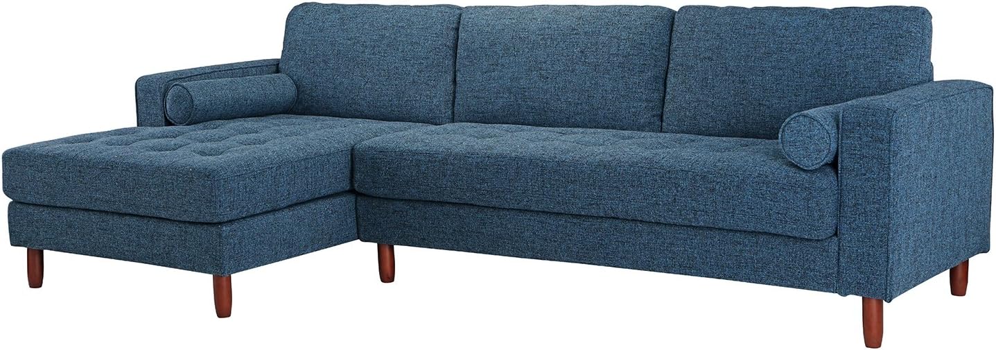 Divano Roma Furniture Mid-Century Modern Tufted Fabric Sectional Sofa, L-Shape Couch with Extra Wide Chaise Lounge (Dark Blue), Large
