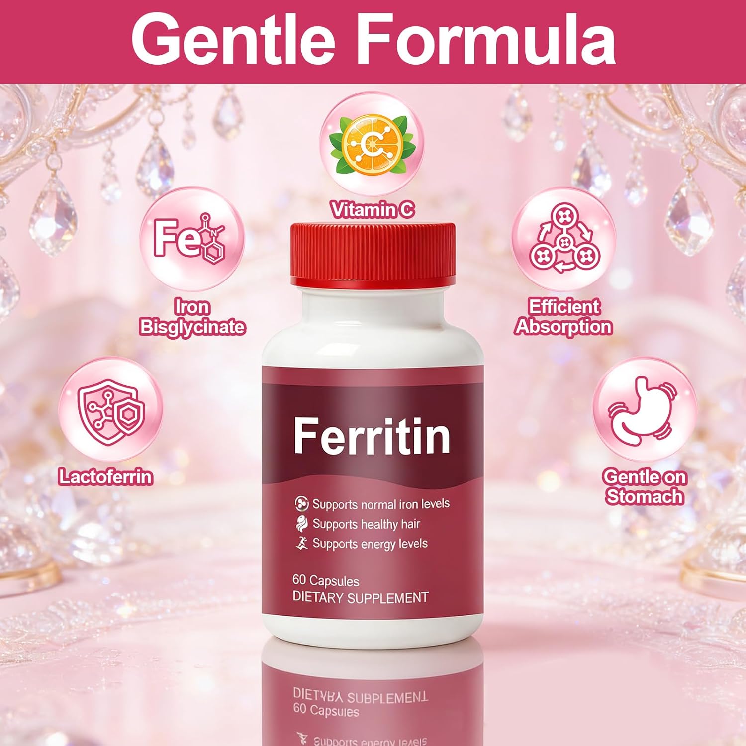 Daily Iron Supplement for Women - with Iron Bisglycinate, Lactoferrin, Vitamin C & B12, Supports Energy, Hair & Skin Wellness, Gentle Non-Constipating Formula - 60 Capsules