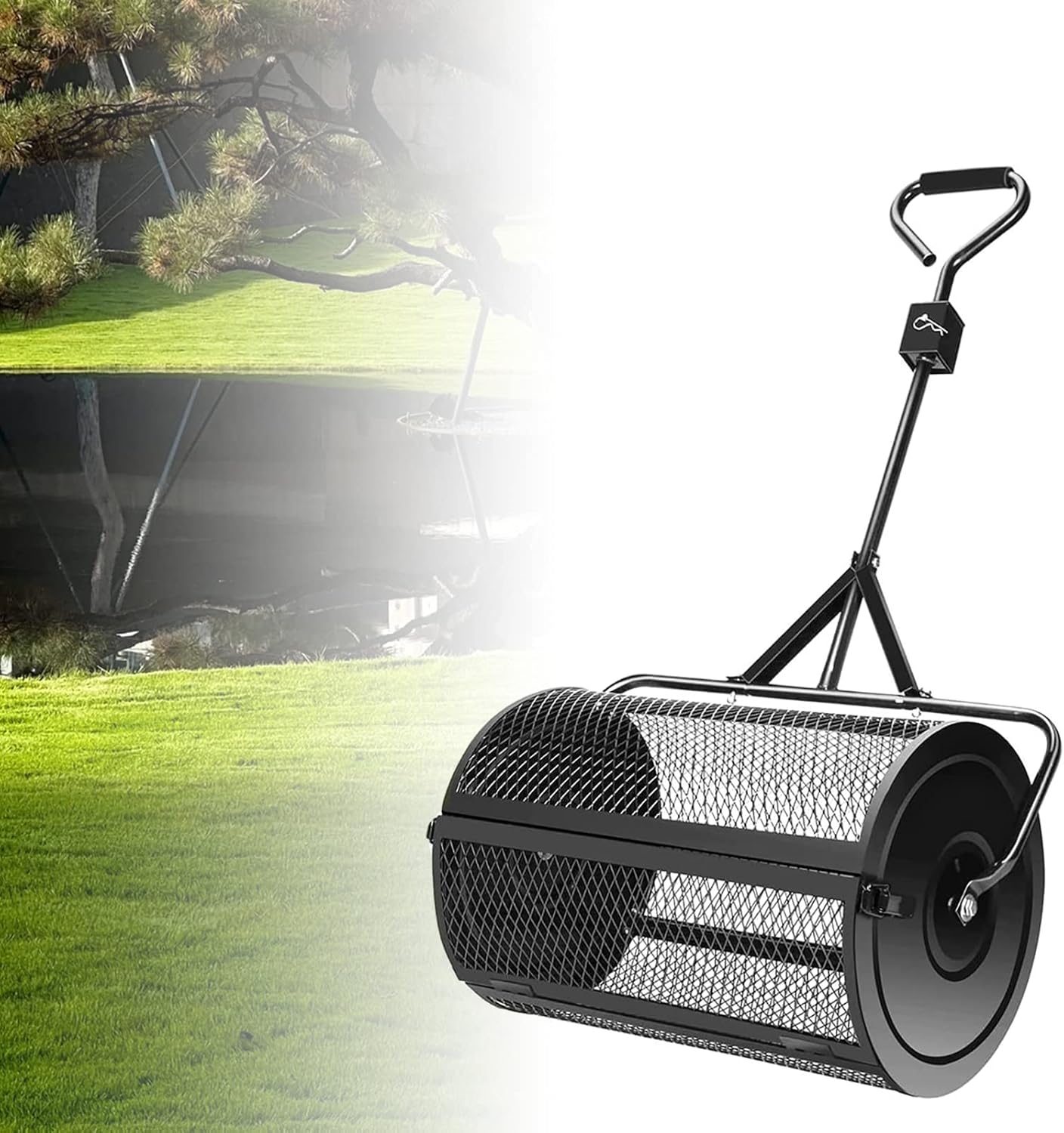 24" Compost Spreader, Black Peat Moss Spreader with T Shaped Handle, Lightweight Manure Spreader for Lawn and Garden Metal Mesh Basket Topdressing Roller