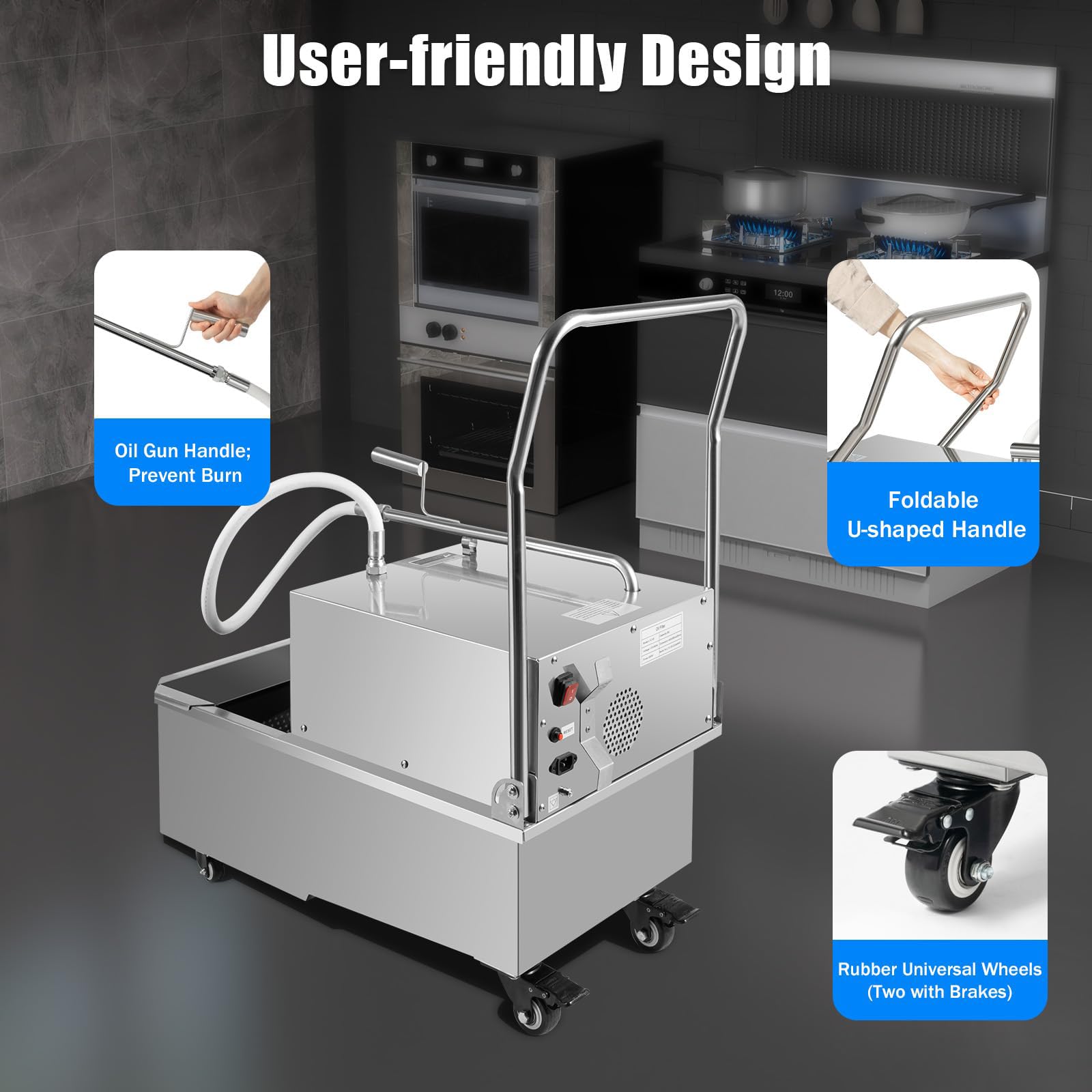 Máquina de filtro de freidora, máquina de filtro de aceite de acero inoxidable de 550 W, filtración de aceite móvil comercial de 55 litros, flujo de bomba de aceite de 8.45 galones/min, filtro de