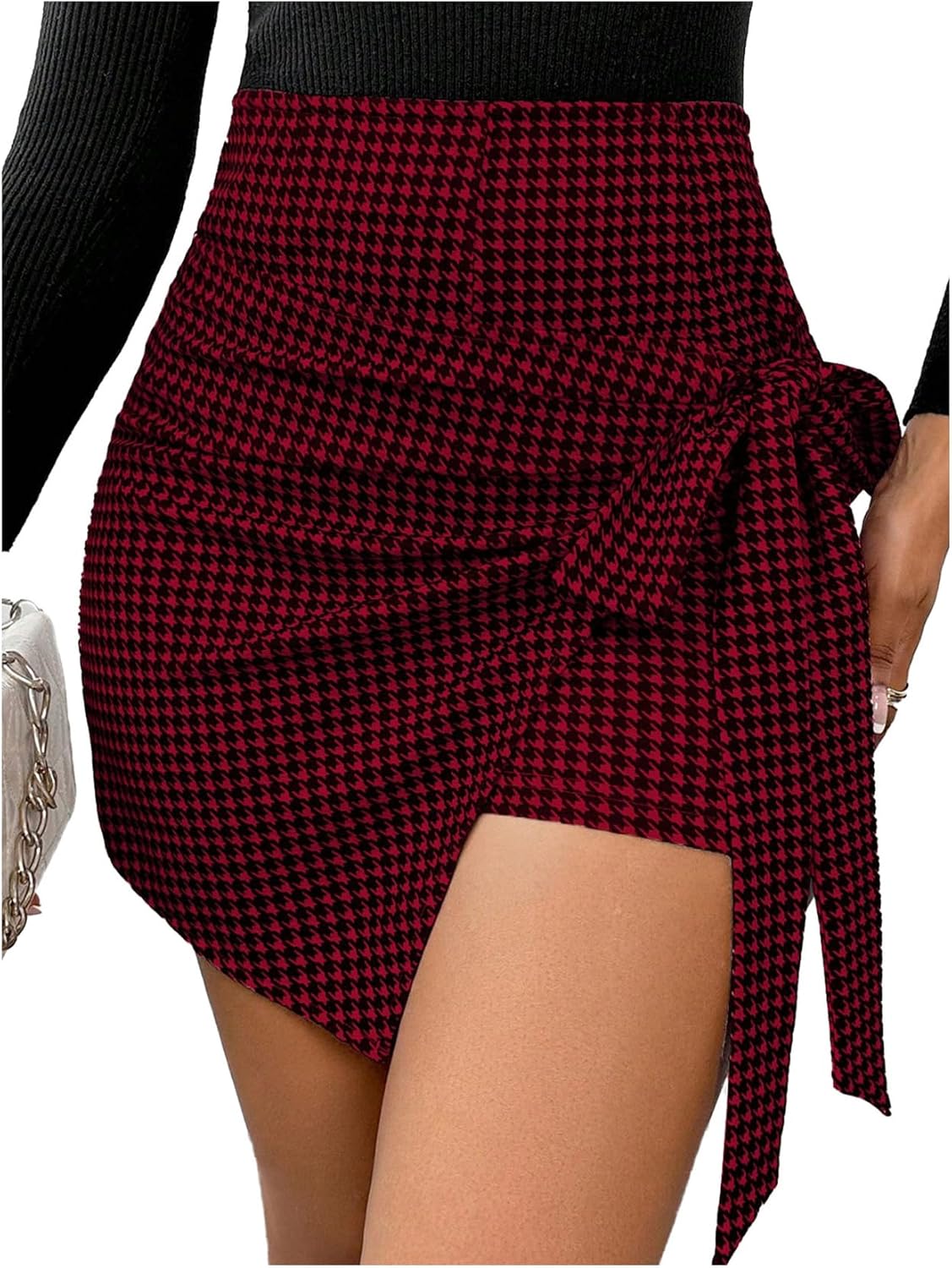 Floerns Women's Houndstooth Skorts Tie Side Wrap Asymmetrical Dressy Casual Skirt Shorts - Image 3