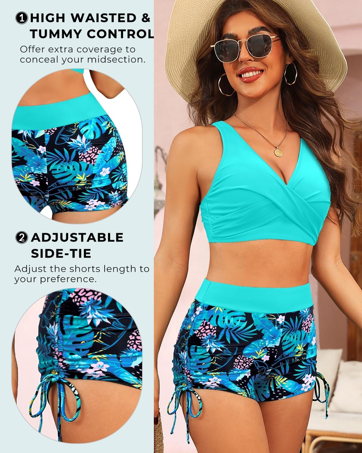 Aqua Eve Bikini with Shorts for Women - Two Piece Swimsuit with Boyshorts 2PC High Waisted Bathing Suits Swimwear