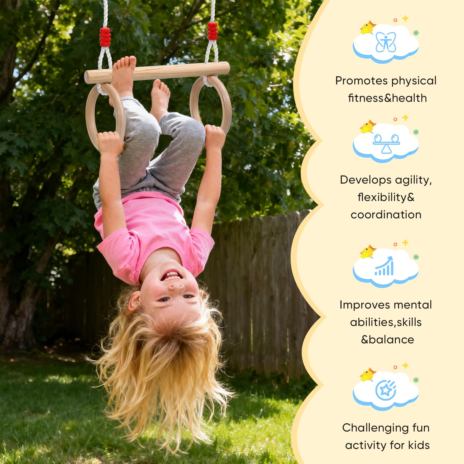 Columpio 2 en 1 con Trapecio para Niños con Barra de Trapecio y Anillas de Gimnasia, Cuerda de Cáñamo Ajustable, Juguete Multifunción Interior y Exterior