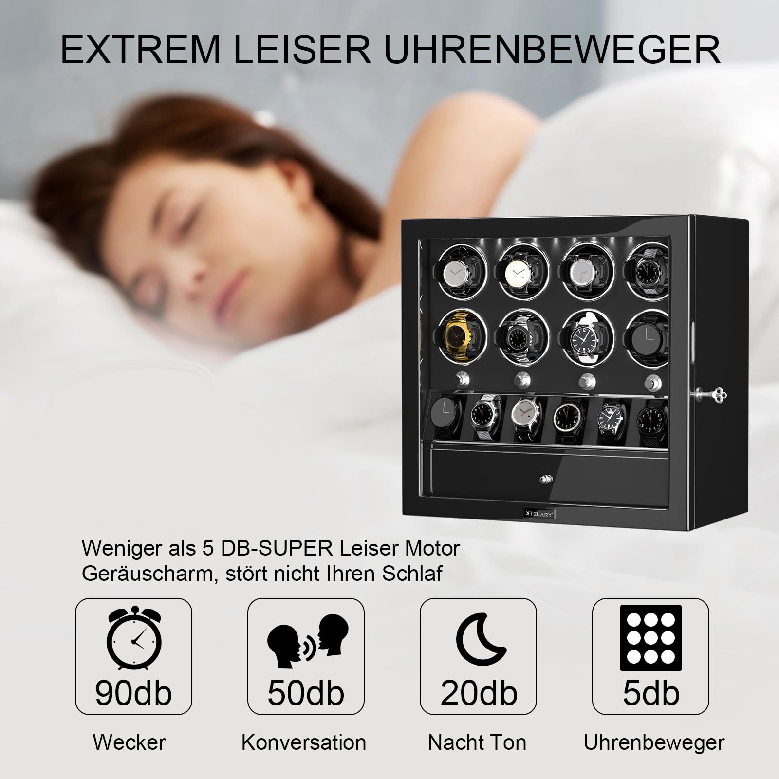 XTELARY Uhrenbeweger,Abschließbarer Uhrenbeweger für 2/4/6/8 mit 4 Rotationsmodi, Speicherplätzen,Aufbewahrungsschublade, Weißes LED-Licht Superleiser Motor und Federuhrkissen für Herren und Damen