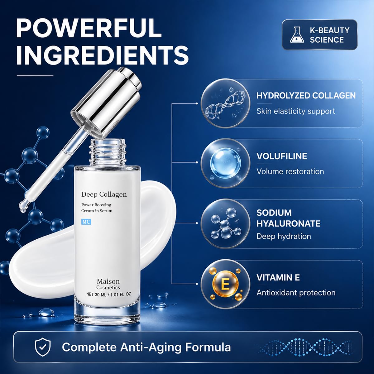 Maison Cosmetics Deep Collagen Volufiline Korean Skin Care Collagen Serum With Hydrolyzed Collagen, Korean Moisturizer for Mature Skin (1.01 fl oz/30ml)