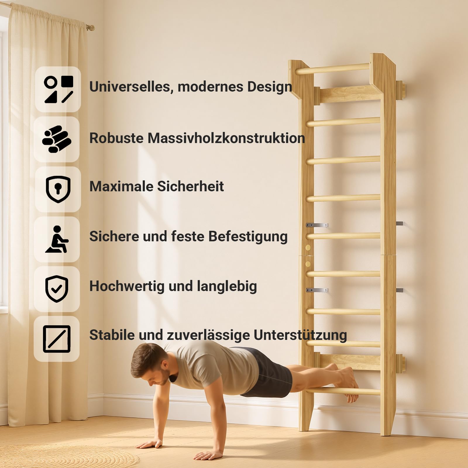 COSYLAND Sprossenwand aus Holz mit Klimmzugstange, Indoor Kletterwand für Kinder & Erwachsene, Turnwand für Kinderzimmer & Fitness, Türrahmen-Montage, Wall Bars