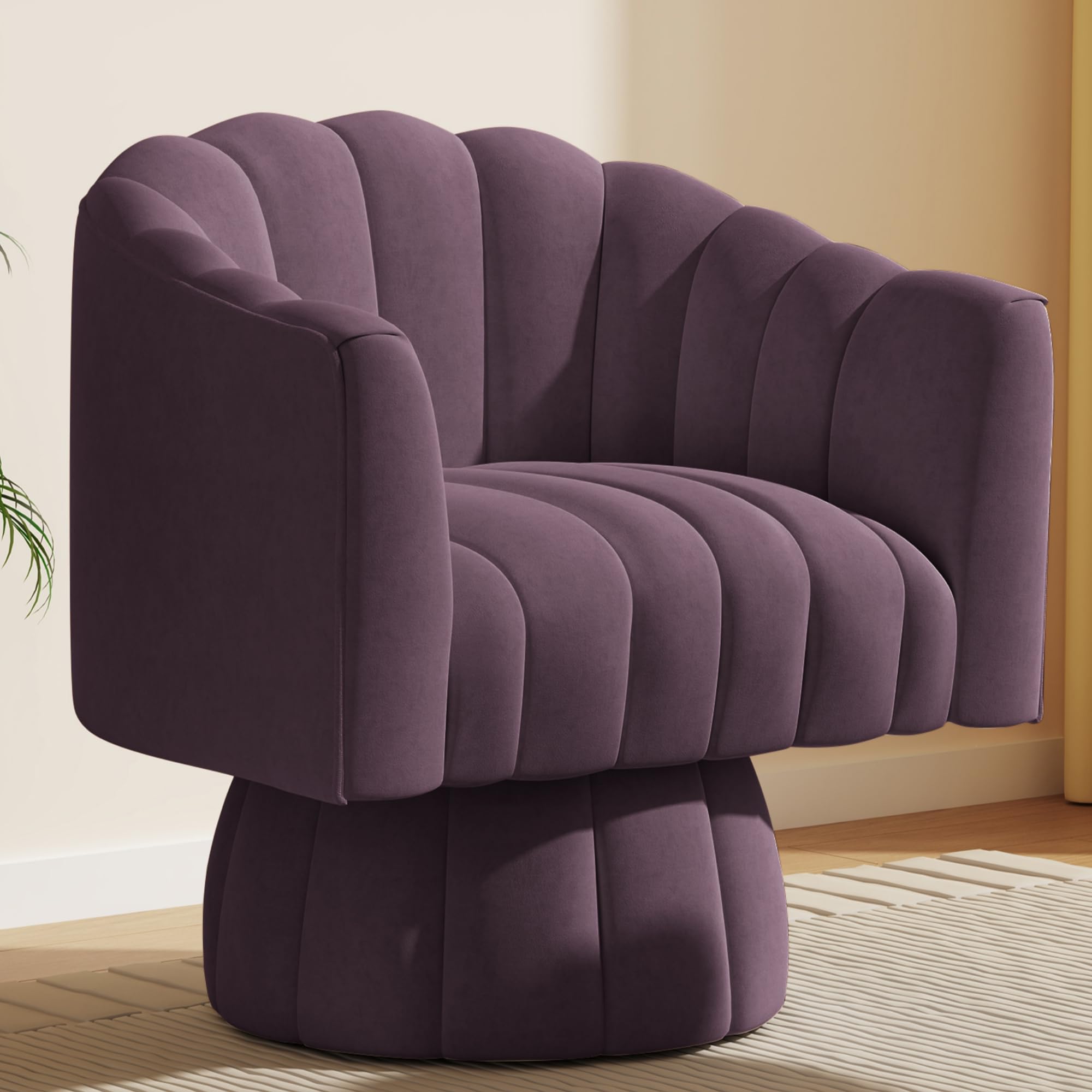 Mid Century - Sillón redondo giratorio de 360 grados con amplio acolchado de terciopelo para salón, dormitorio, oficina, sala de espera (morado)