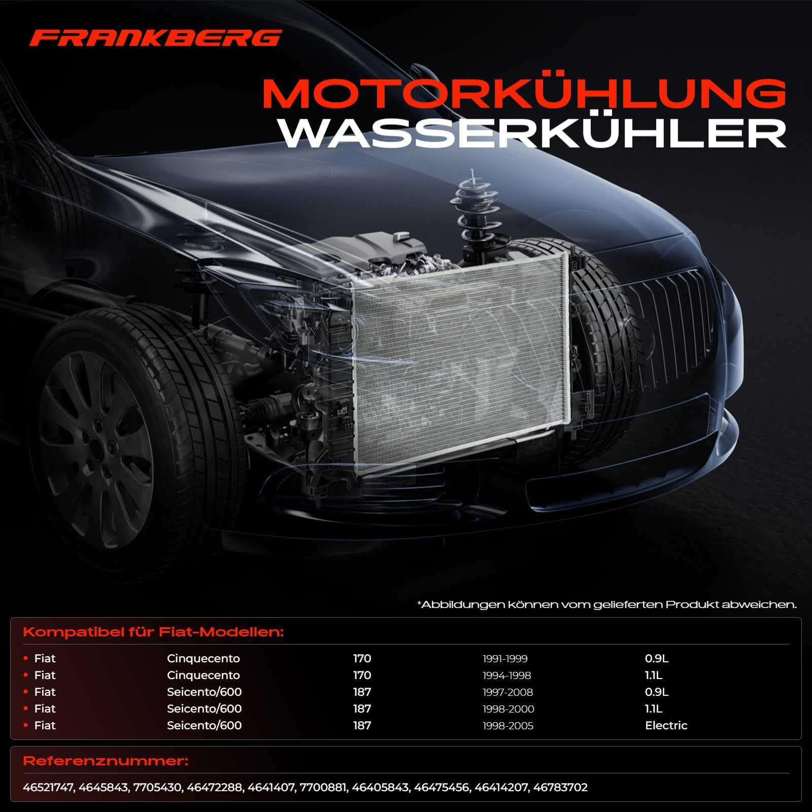 Frankberg Radiador enfriador de agua enfriador de motor transmisión | Compatible con: Cinquecento 170, Seicento/600 187, Seicento/600 Van 187, Seicento/600 187_