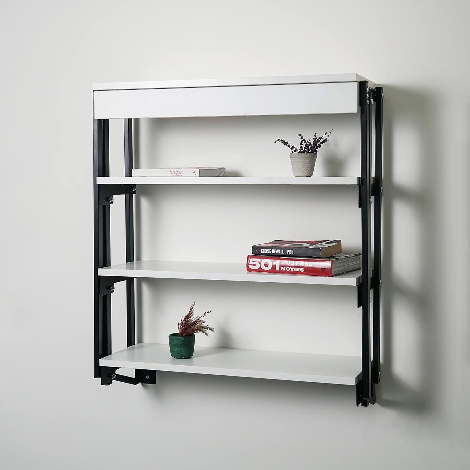 White Folding Wall-Mounted Murphy Table with Shelf