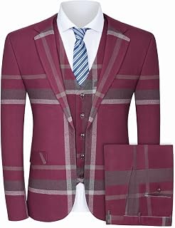 Men’s Plaid Suit Slim Fit 3-Piece Leisure Suit One Button Blazer Dress Business Wedding Party Jacket Vest & Pants
