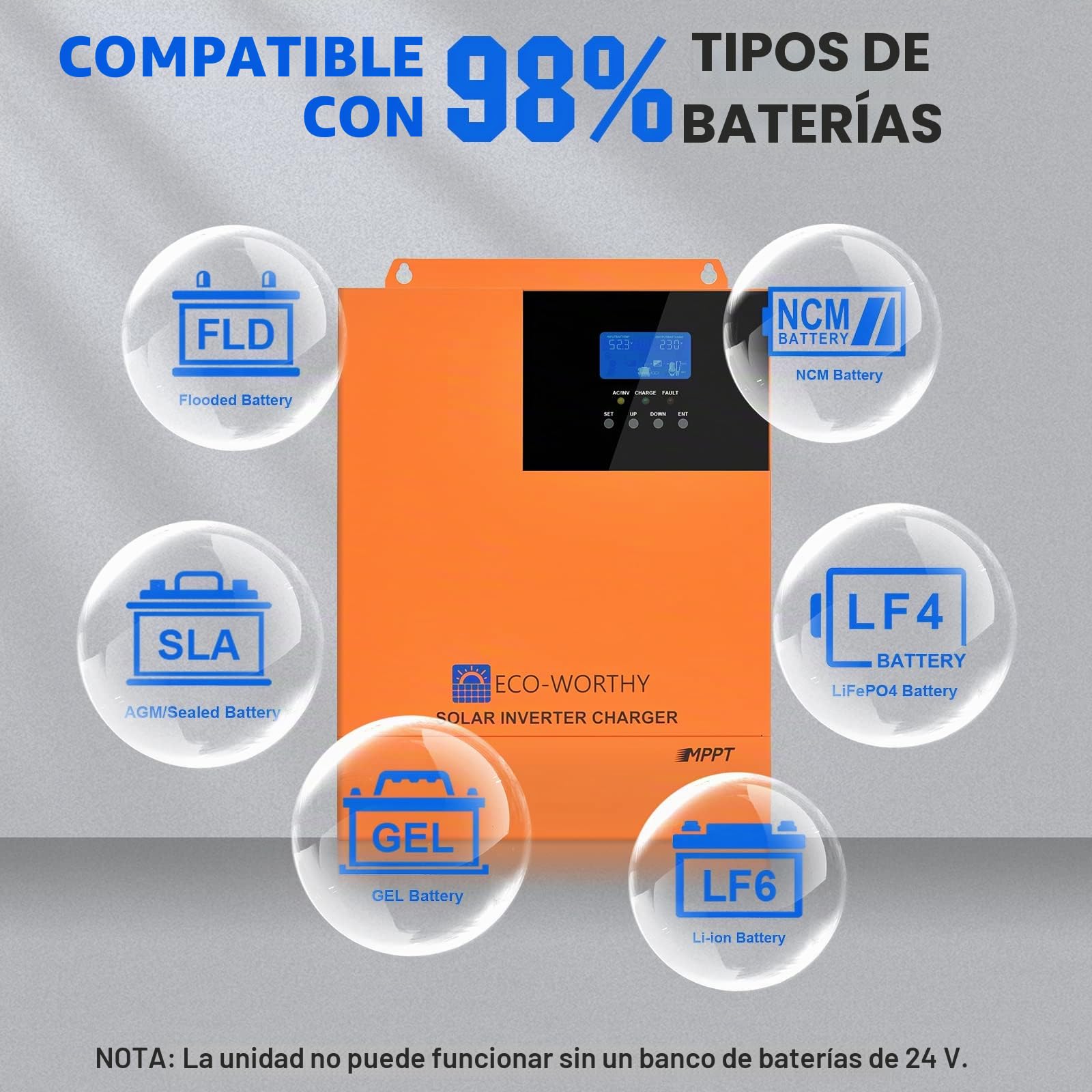ECO-WORTHY Inversor híbrido de 3000 W, 24 V, independiente de la red, 24 V CC a 220 V/230 V AC con controlador de carga solar MPPT de 60 A para baterías de plomo y litio