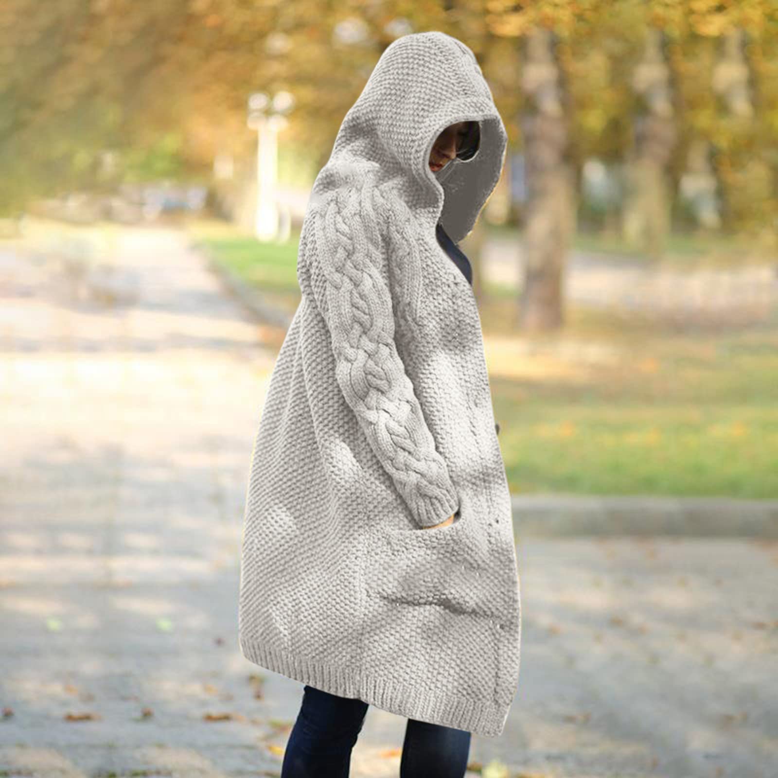Strickjacke Damen Lang mit Kapuze -Strickmantel Damen Winter Grobstrickjacke Elegant Longstrickjacke Strickcardigan Einfarbig Grobstrick Cardigan Strickjacken für Frauen Mantel Kapuzenjacke