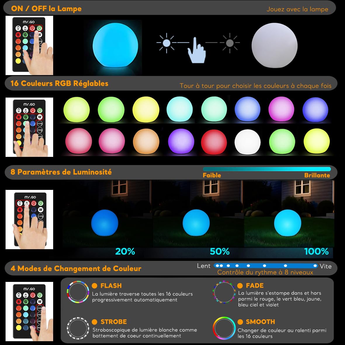 MR.GO 10" LED Solaire Lampe Boule Lumière Imperméable Sphère Lampe avec Télécommande, 16 Couleurs Dimmable, Changement de Couleur Lumière D'ambiance Jardin Orbe avec Piquet pour la Décor Extérieure