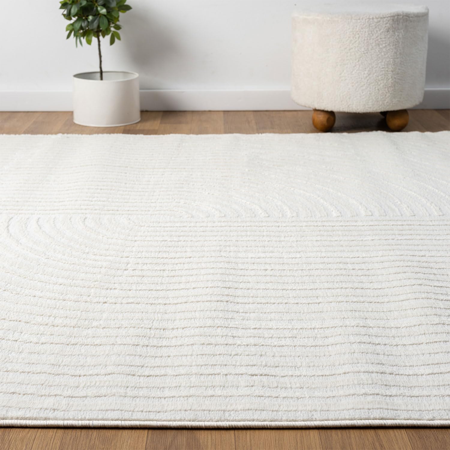 VIMODA Moderner Kurzflor-Teppich Boho Wohnzimmer Schlafzimmer dünn mit 3D Hoch-Tief Effekt Pflegeleicht,Farbe:Creme;Maße:200x290 cm