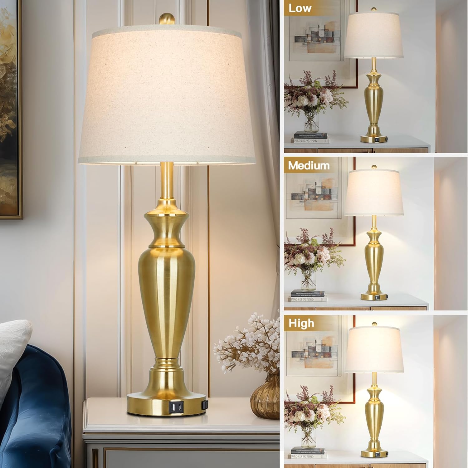 30" Tall Gold Table Lamps Set of 2 for Living Room, Touch Control Bedside Lamps for Nightstand, 3-Way Dimmable Bedroom Table Lamp with USB A+C Ports and AC Outlet (2 LED Bulbs Included)