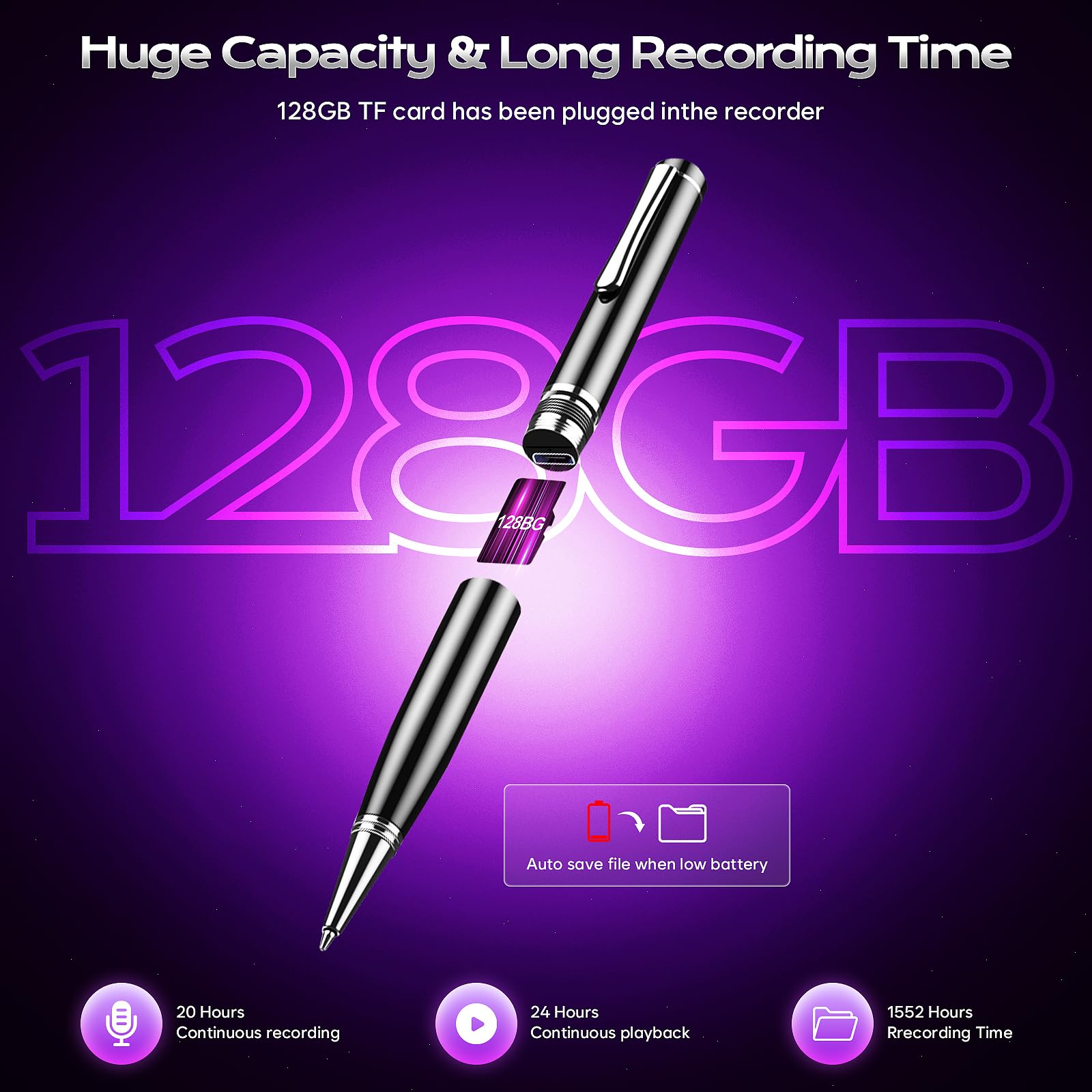 128GB(2400) Registratore Vocale Digitale, Registratore Smart con Riduzione del Rumore, Registrazione One Touch, Registratore Audio a Controllo Vocale con Riproduzione per Conferenze Riunioni Lezioni