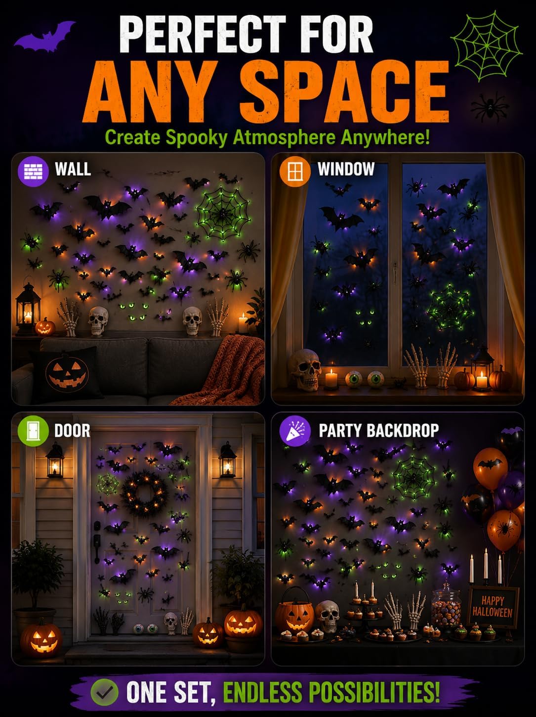 40 PCS 3D LED Halloween Bats Wall Decor with Spiders, Web & Skulls