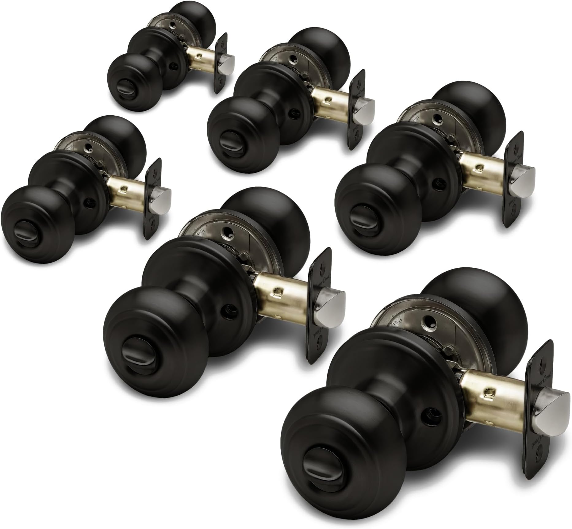 Copper Creek Matte Black Door Knobs - Round Colonial Knob with Privacy Locking Function for Home Improvement, 6 Pack - Fits All Standard Doors - Locking Door Knob for Bedroom and Bathroom Use