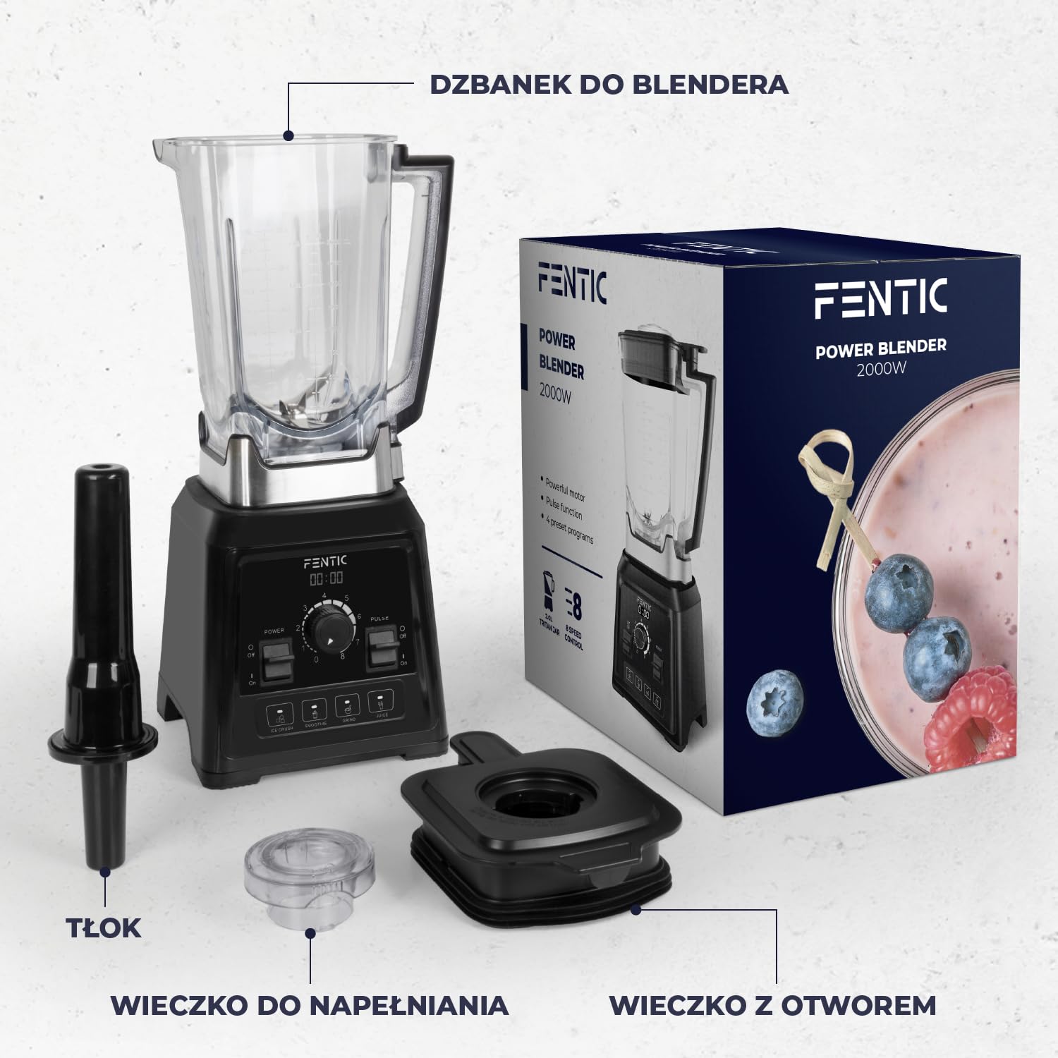 Blender – 2000W – Mocny Mikser – 2 Litry – Blender do Smoothie z 8 Prędkościami i 4 Programami – Mikser do Kruszenia Lodu