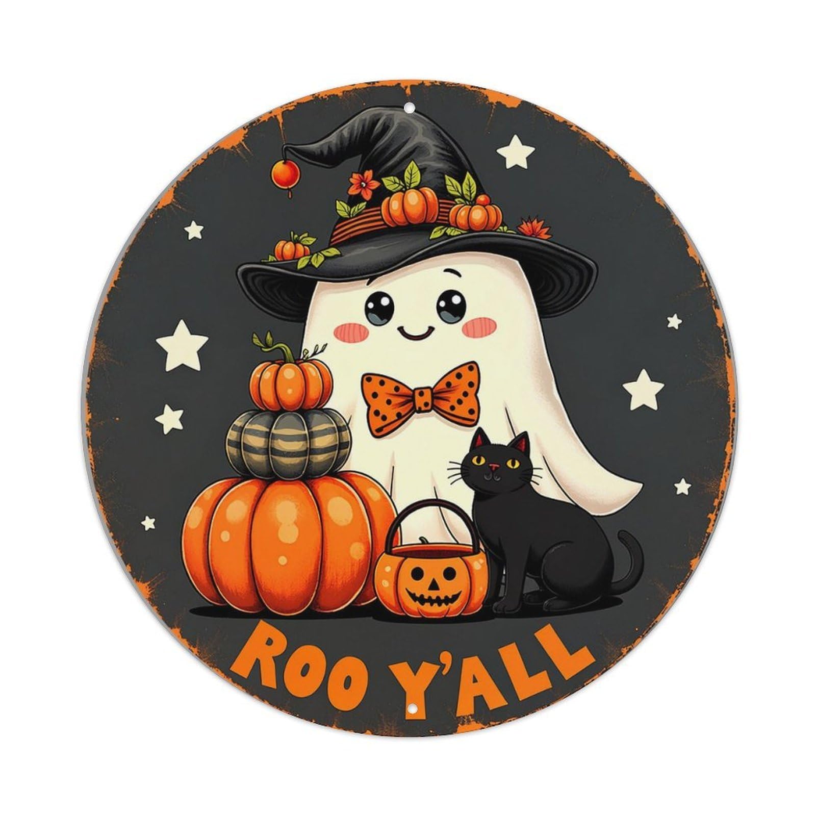 Cute Ghost Witch Cat Pumpkins Retro Metal Sign Round Tin Sign, Vintage Decor Art Poster for Bar, Home, Man Cave, Kitchen, Laundry Room Gift 8x8Inch