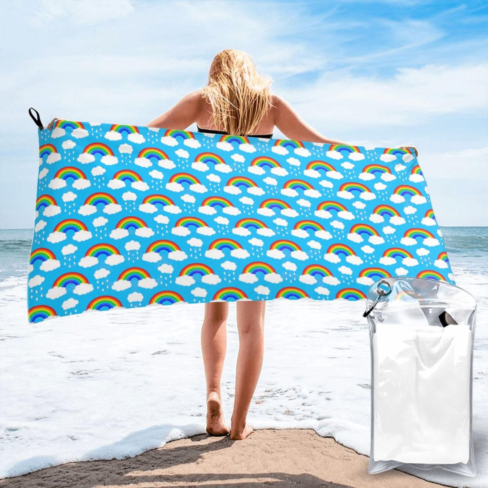 WYCZHY Rainbow Clouds Raindrop Print Beach Towel Soft Quick Dry For Spa Pool Gym Vacation Travelers Women Men Adults Sauna Gift
