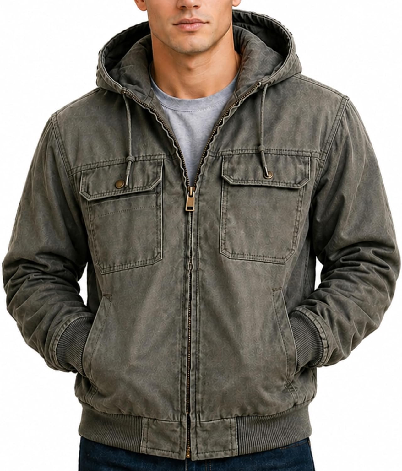 Men's Rugged Cotton Canvas Hooded Bomber Jacket - Heavyweight Workwear Shell - Durable Insulated Outerwear