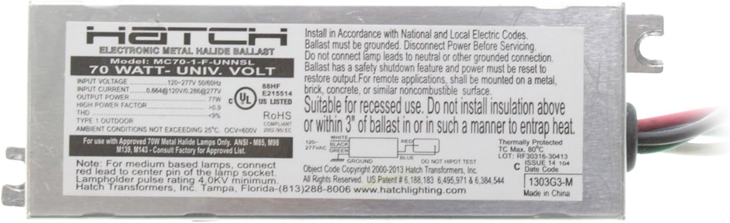 Hatch MC70-1-F-UNNU - 70 Watt - 120/277 Volt - Electronic Metal Halide Ballast - ANSI M98/M139/M143 - Side Leads With Mounting Feet