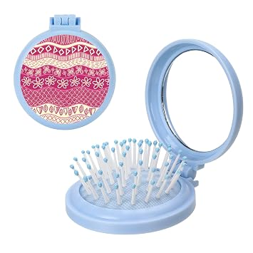 Pink Beige Wave Flower Stripe Travel Hair Brush With Small Mirror, Massage Hair Brush With Air Cushion For Men Women, Small Compact Hairs Massage Comb Womens Handbag Essential Fits Purse/Backpack