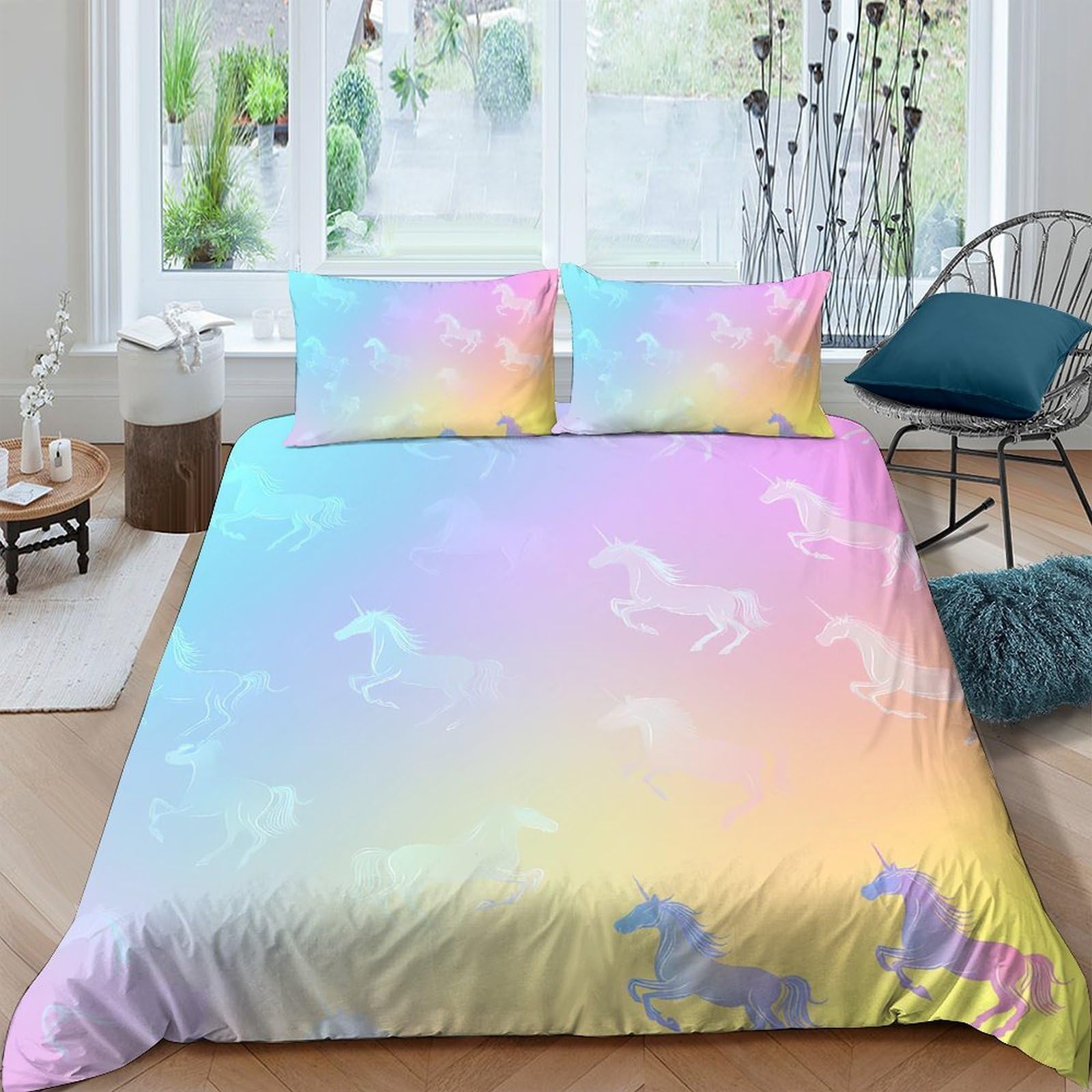 Ctjqhvkz Style-4 3D Printed Pastel Unicorn Fitted Sheet Microfiber Soft Gradient Horse Bed Cover For Bedroom Guest Room Decor Single（135X200cm）