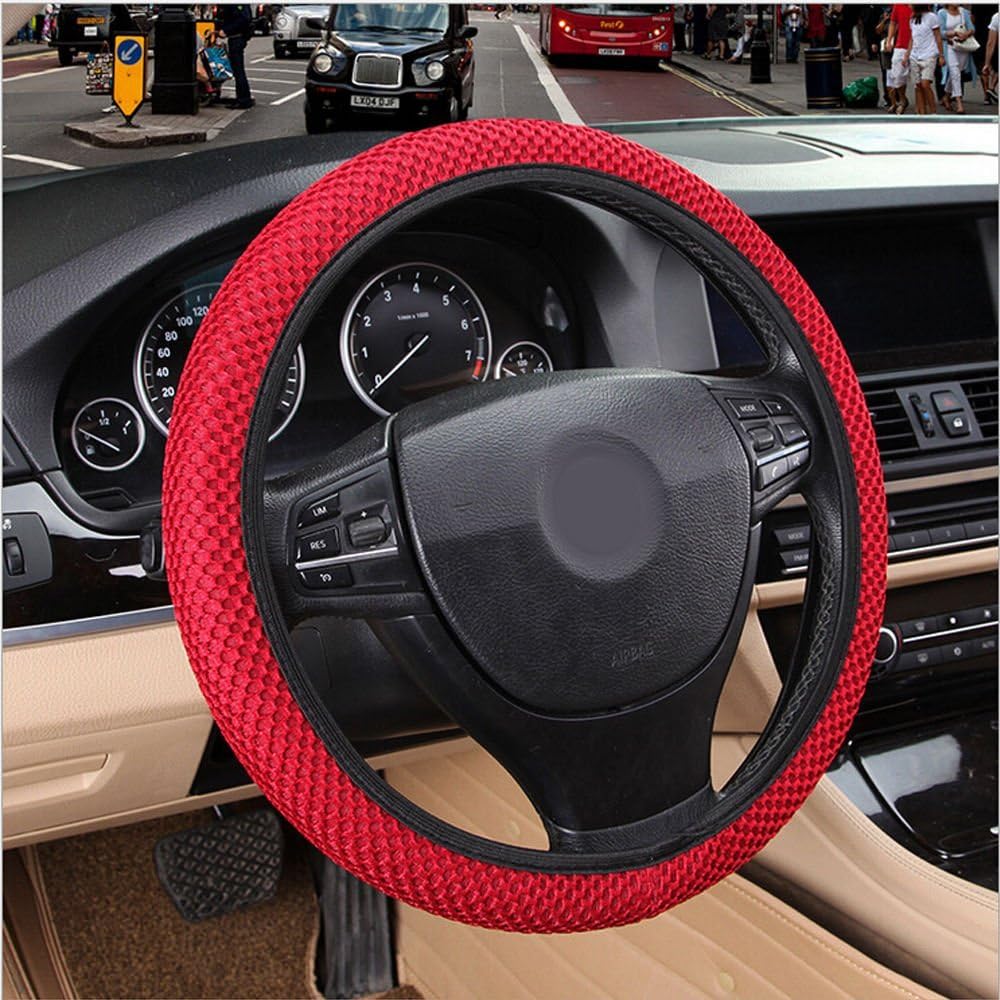Rayauto Breathable Mesh Car Steering Wheel Cover Anti-Slip No Fixed Inner Race-red