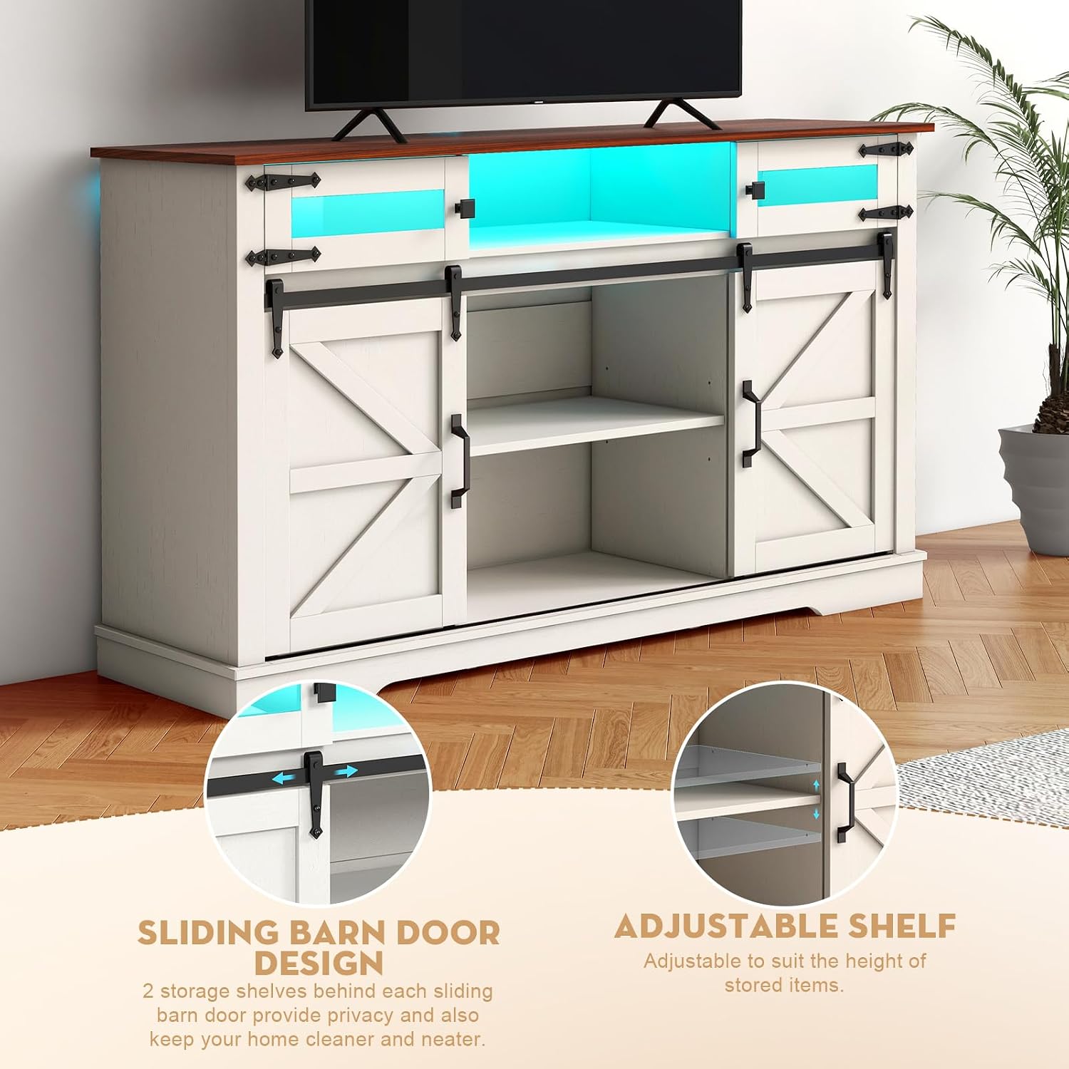 Livofloral Farmhouse TV Stand for 65+ Inch TV, 33" Tall Entertainment Center with LED Lights and Sliding Barn Doors, Media Console Cabinet with Storage Cabinet and Open Shelves for Living Room