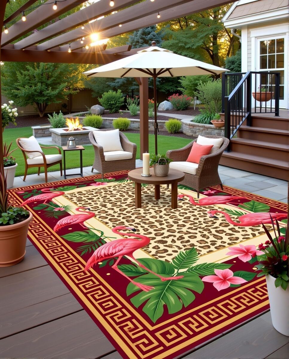 Rustic Vintage Leopard Print Pink Green Burgundy Outdoor Rug 6x9 Boho Leaf and Tropical Flamingo Outside Rugs for Patio Deck Backyard Garden Dorm Picnic Camping RV Balcony Easy Clean Carpet