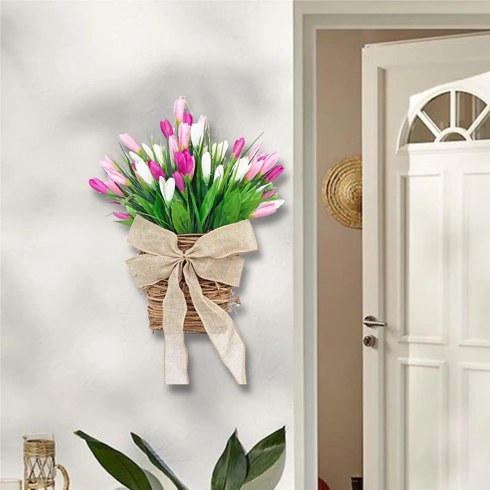 Ghirlanda di Fiori appesi alla Porta d'ingresso, Fiori di Tulipano Artificiali, Composizione Floreale for Matrimoni, Ghirlanda Primaverile for inaugurazione della casa all'aperto.