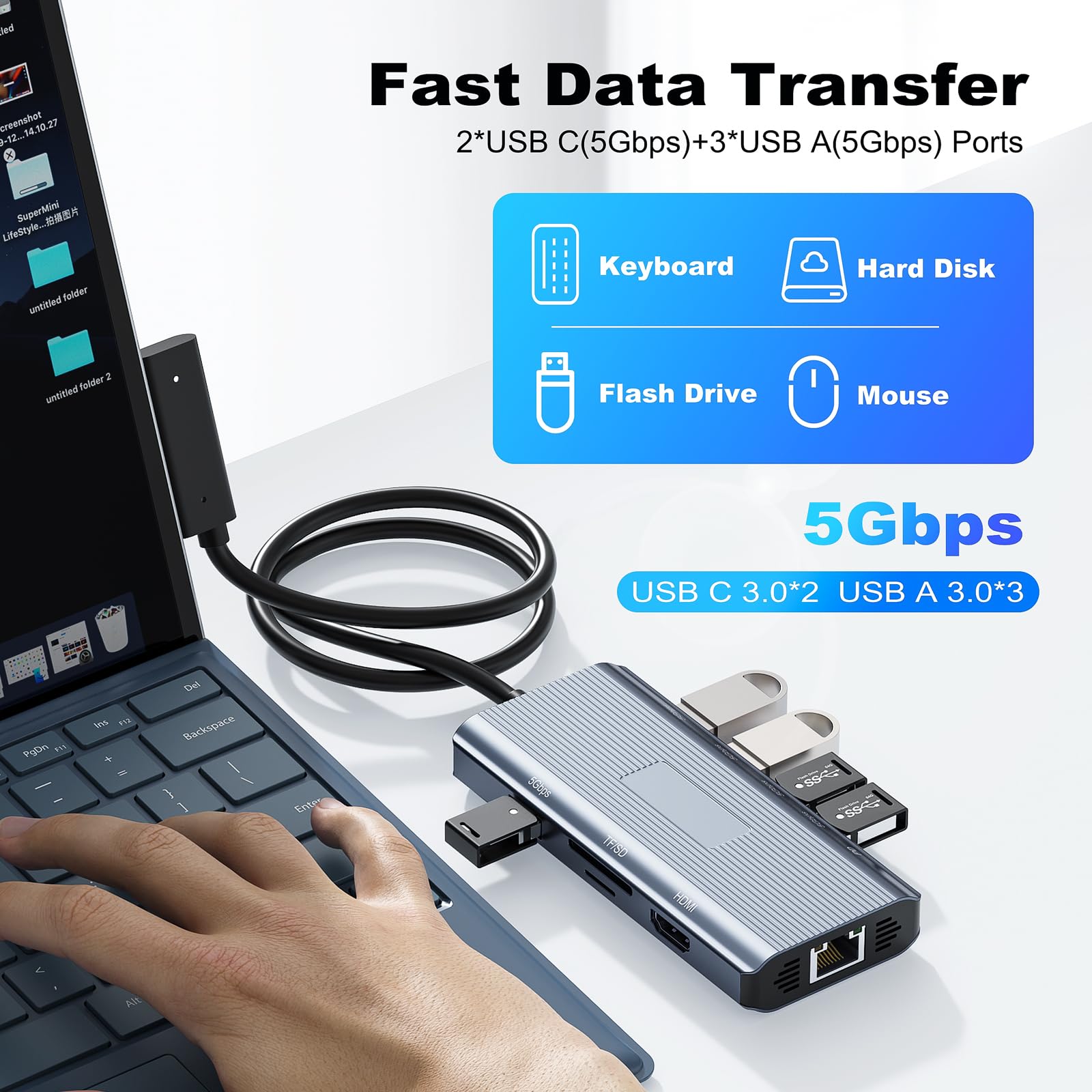 Estación de Acoplamiento Surface - 10 en 1 Surface Dock con HDMI,Ethernet, Ranura SD/TF, 3* USB 3.0, 2* USB C 3.0, 1* USB C PD, Docking Station para Surface Pro/Laptop/Book
