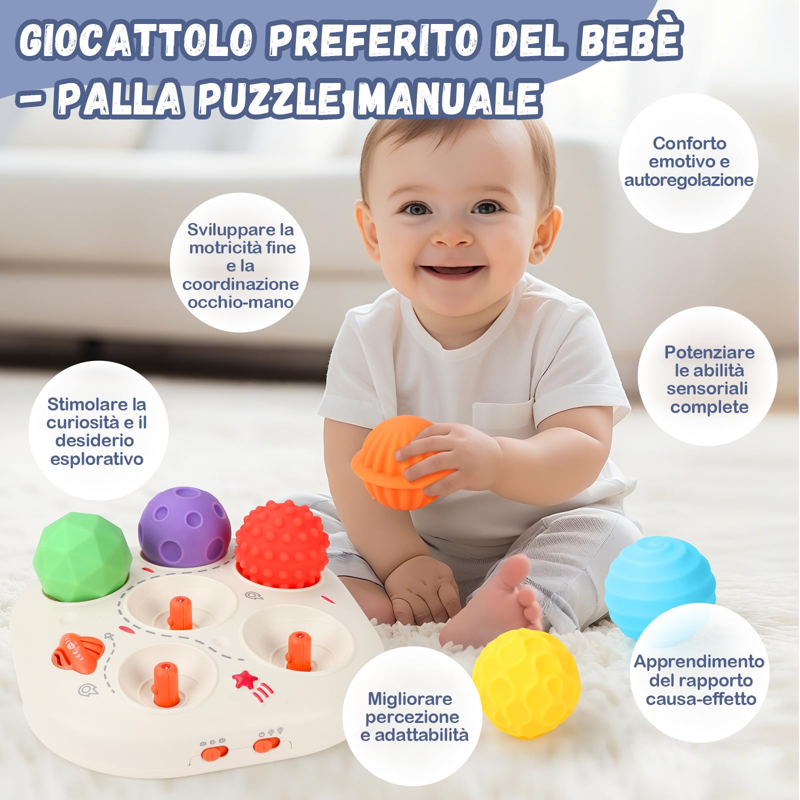 YOOHBERRYS Giochi Musicali Neonato per 1 2 3 Anno, Giochini Montessori con Musica e Luci, Musicali Bambini con 6 Palle Sensoriali, Giocattoli Educativi Precoci, Compleanno Regali Gioco per Bambino