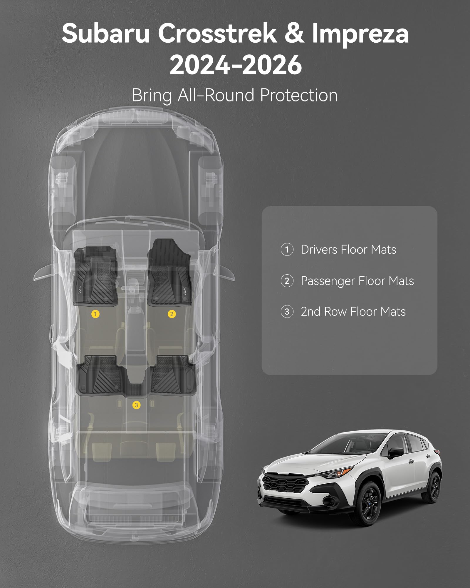 3W Floor Mats for 2024-2025 2026 Subaru Crosstrek Impreza All Weather TPE Custom Fit Floor Liners Full Set — view 3