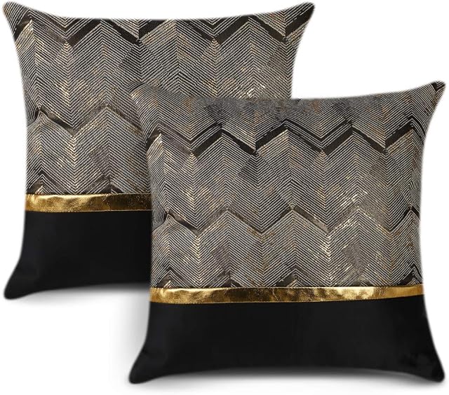 Artscope Set of 2 Cushion Cover for Bed Couch Sofa Car Decor Luxury Modern Minimalist Gold Leather Stitching Wavy Stripes Square Pillowcase Throw Pillow Covers 45x45cm (Black)