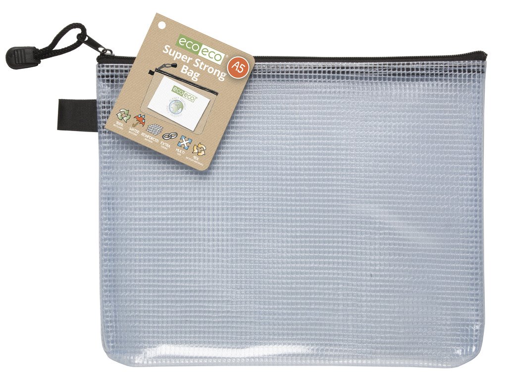 12 x eco-eco A5 95% Recycled Super Strong Bag Clear Mesh Tuff Case + Zip, Black/Clear, A5 x 12 Bags