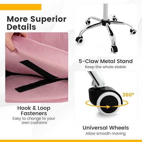 Miniatura 6 de Giantex Silla de escritorio para niños cómoda silla de trabajo para oficina en casa con ruedas silla de tocador tapizada de terciopelo con respaldo