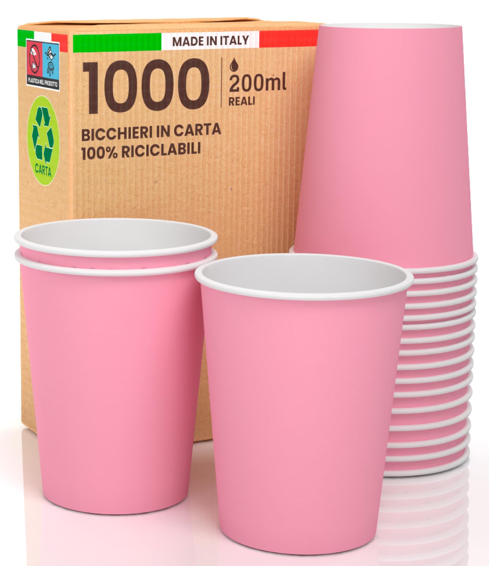 Baciato Caffè 1000 Pappbecher, 200 ml, umweltfreundlich, biologisch abbaubar, Einwegbecher, hergestellt in Italien, für den Sport, heiße Getränke, bunt, rosa – hergestellt und verpackt in Italien