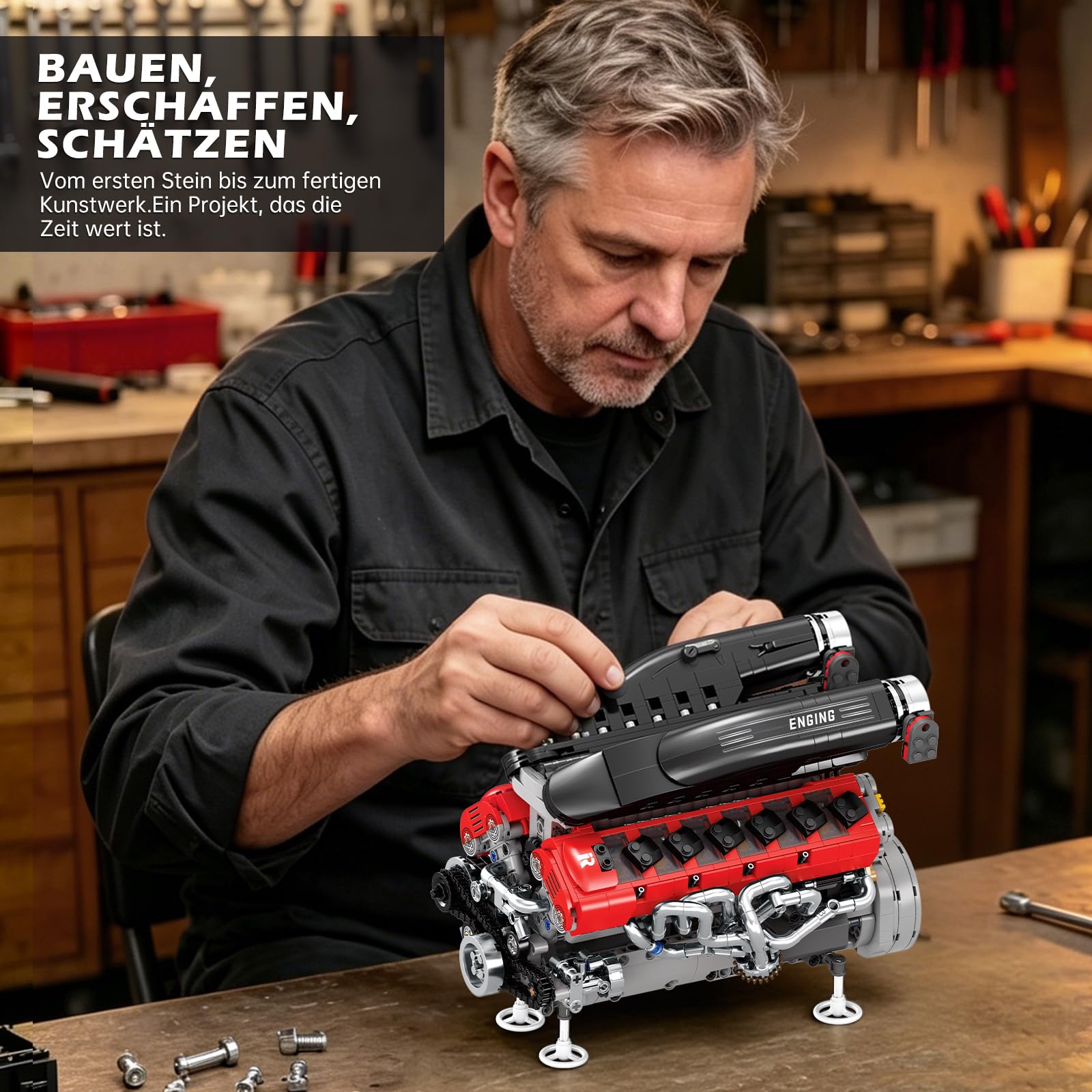 Reobrix Technik V12 Motor Bausatz 33016 Benzinmotor Modell Klemmbausteine | Modell Eines 65°V-Motors, Mechanisches Modell aus Bausteinen, Hochwertiges Sammlerstück für Erwachsene, 1240 Bausteine