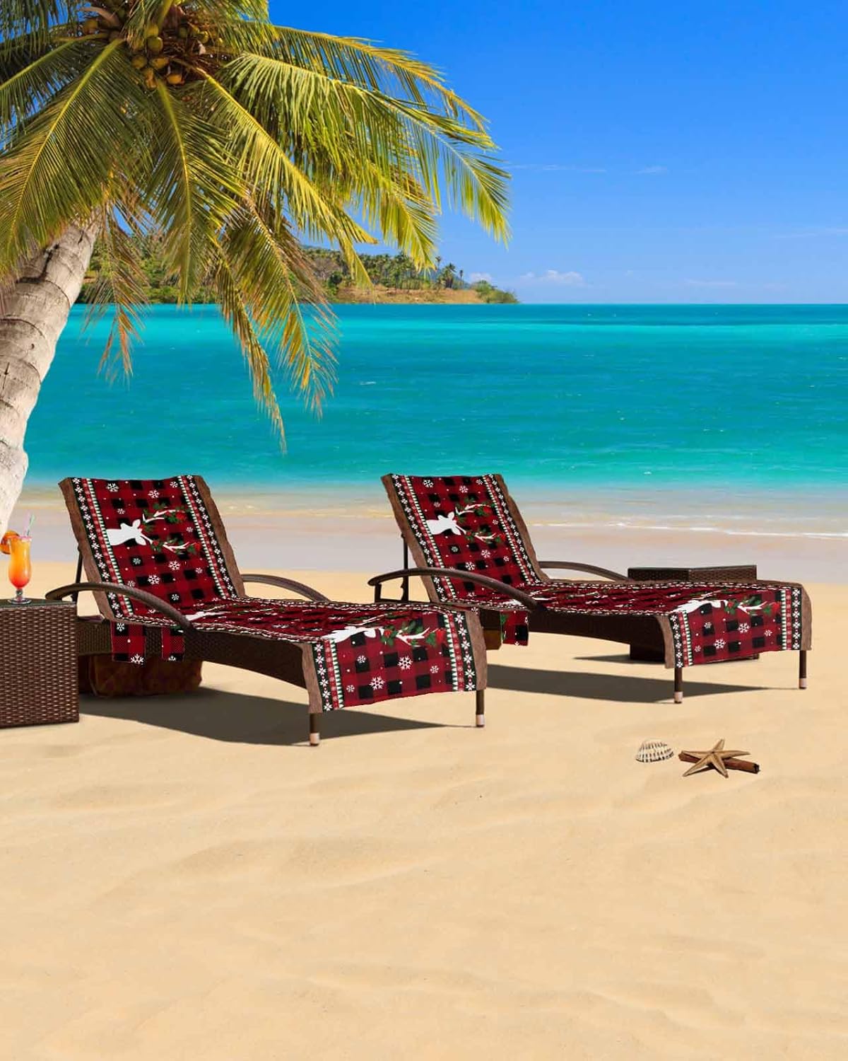 Xmas Elk Beach Pool Patio Lounge Chaise Chair Cover Towel With Pockets,Absorbent & Quick Dry Microfiber Towel Cover Bag Summer Accessories for Sunbathing Christmas Snowflake Red Plaid Poinsettia