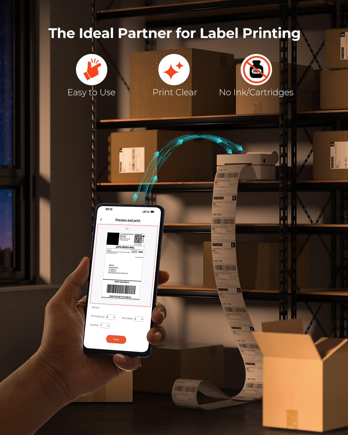 Graphic illustrating the benefits of the printer: Easy to Use, Print Clear, No Ink/Cartridges.