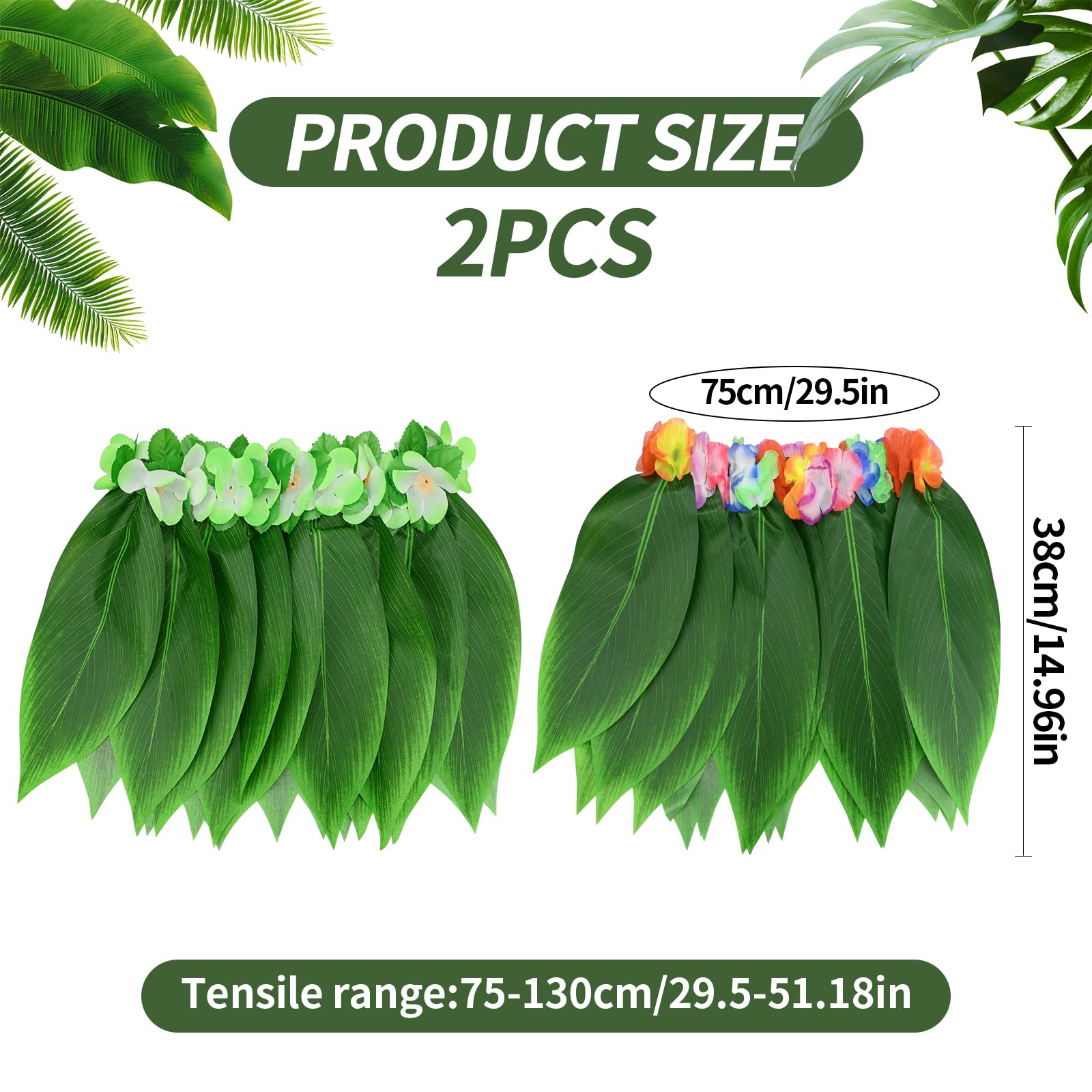 2 Pièces Déguisement Hawaïen Hula Jupe Feuilles Fleur Jupe Hibiscus Fleurs Feuille Herbe Jupe pour Adultes Femmes Hommes Élastique Hawaï Jupe pour Costume Summer Beach Hawaiian Luau Tiki Party