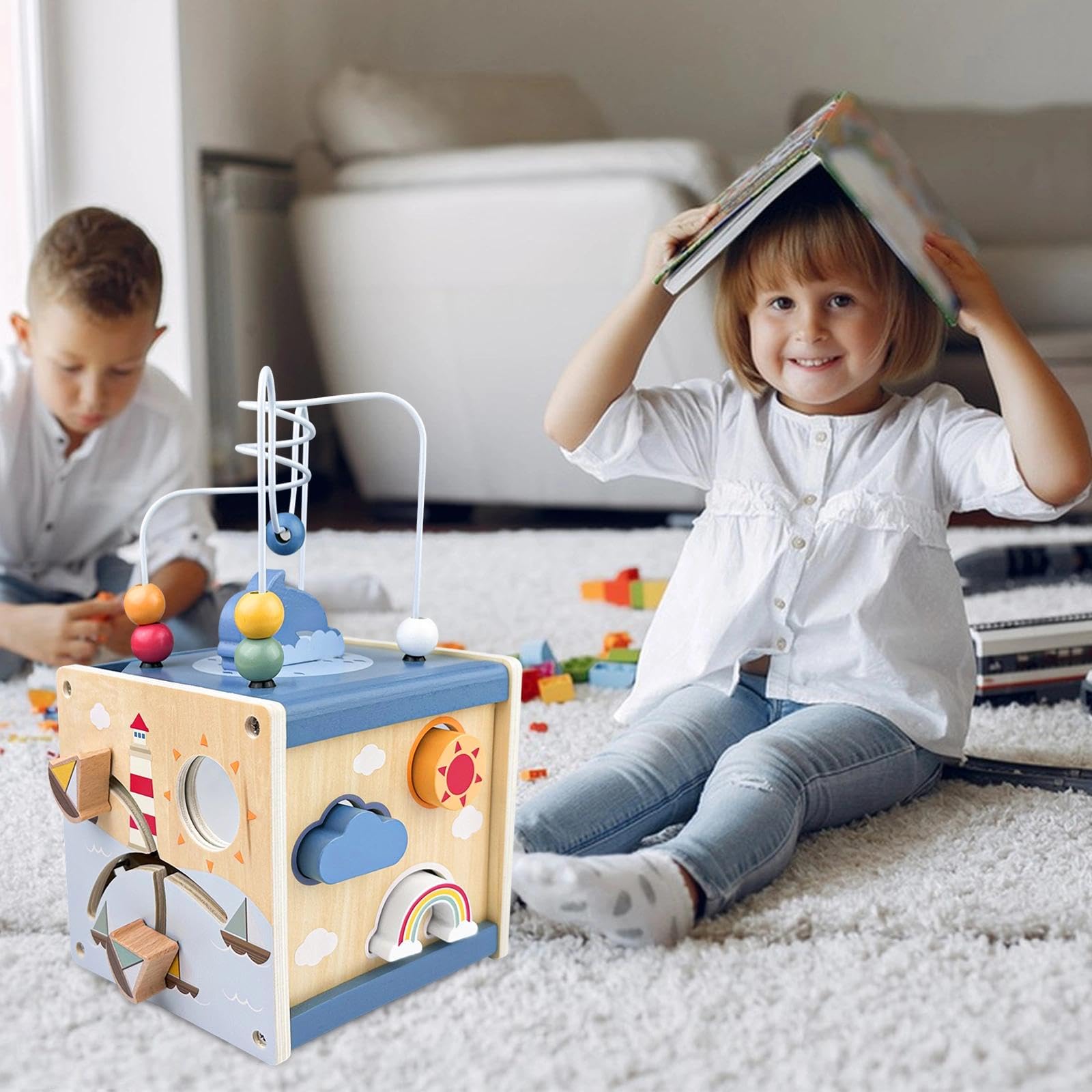 Cube d'Activité, 6 en 1 Jouet en Bois, Cube de Motricité avec Labyrinthe de Perles, Jouet d'apprentissage Montessori en Bois pour Enfants Plus 12 Mois