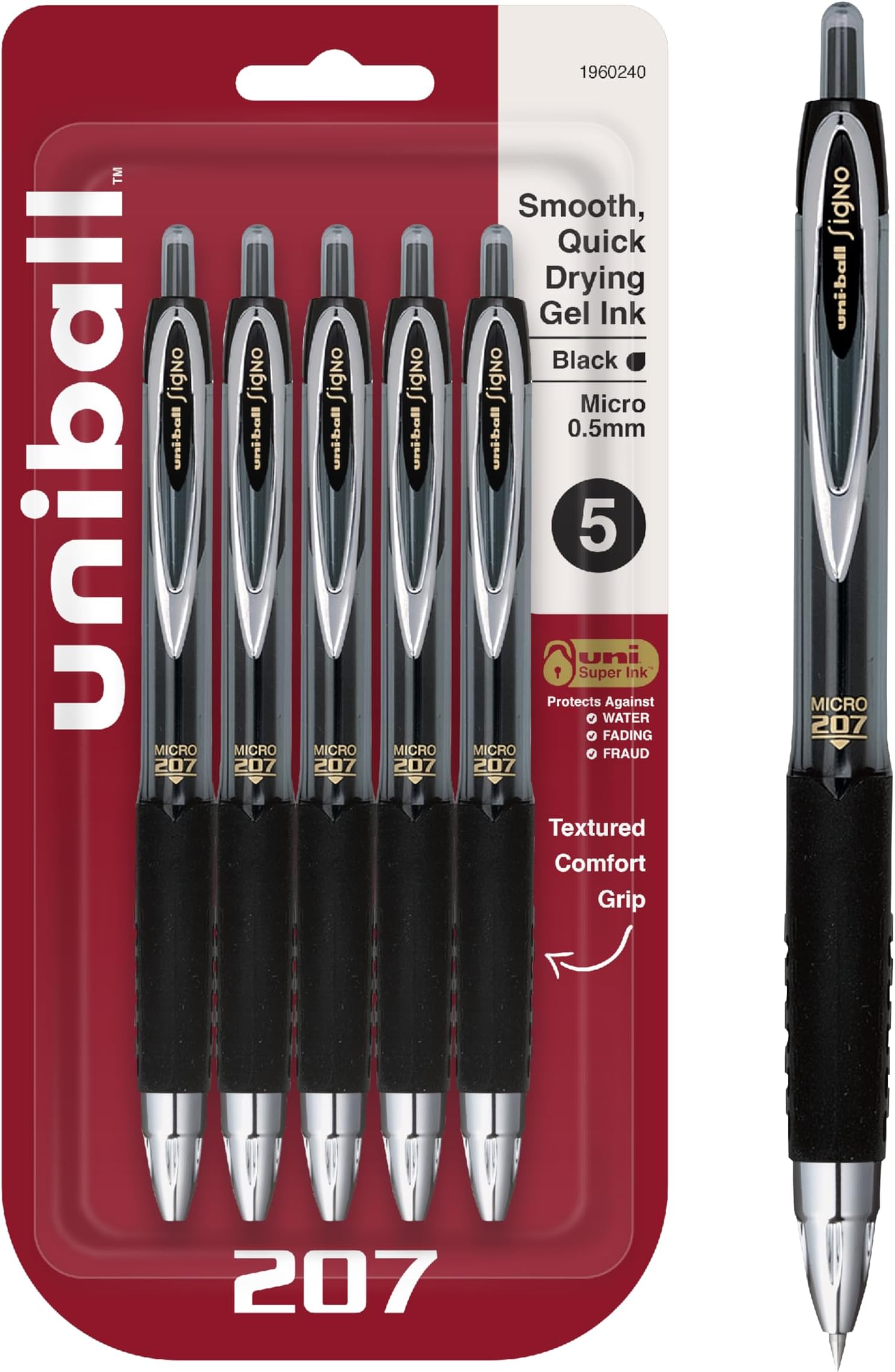 Black Retractable Gel Pens 5 Pack, 207 Signo Click With Fine Points 0.5mm - Fraud Proof for Office, Nursing, Business, School, and Bible Use