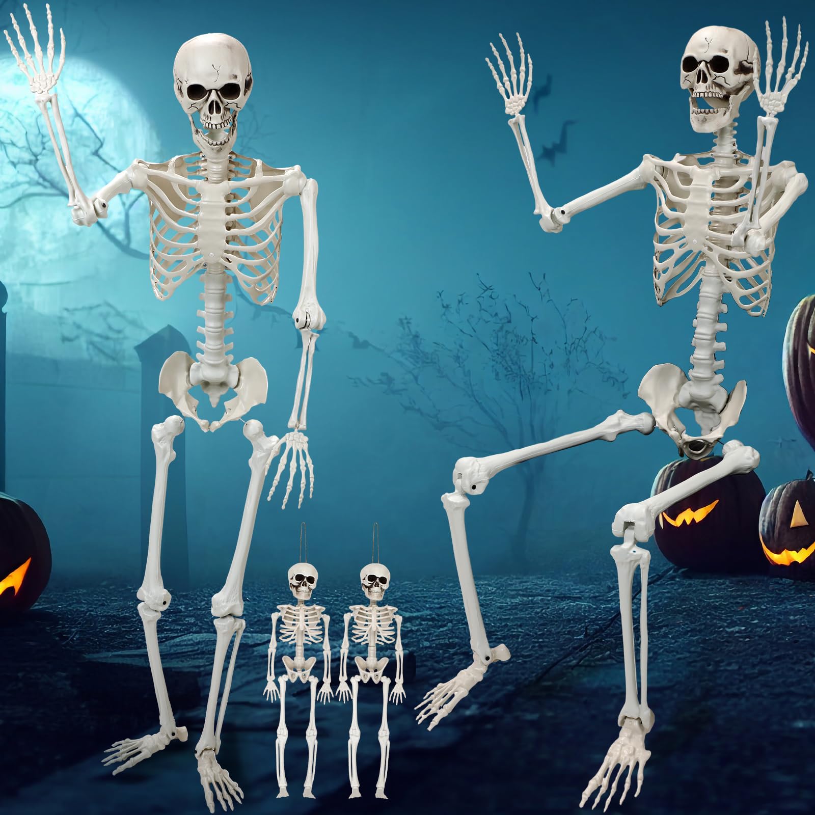 Libima 4 Pcs Giant Halloween Skeletons Life Size Decoration 6ft 5.4ft 1.3ft Poseable Skeleton Full Body Plastic Halloween Bones Haunted House Props Outdoor Yard Garden Creepy Halloween Decoration