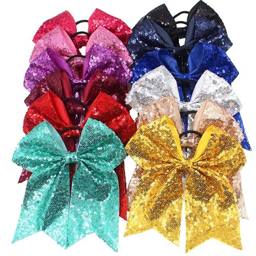 Miniatura 6 de Paquete de 12 lazos de animadora jumbo de 8 pulgadas, lazos grandes para el pelo de animadora con soporte para cola de caballo para adolescentes,