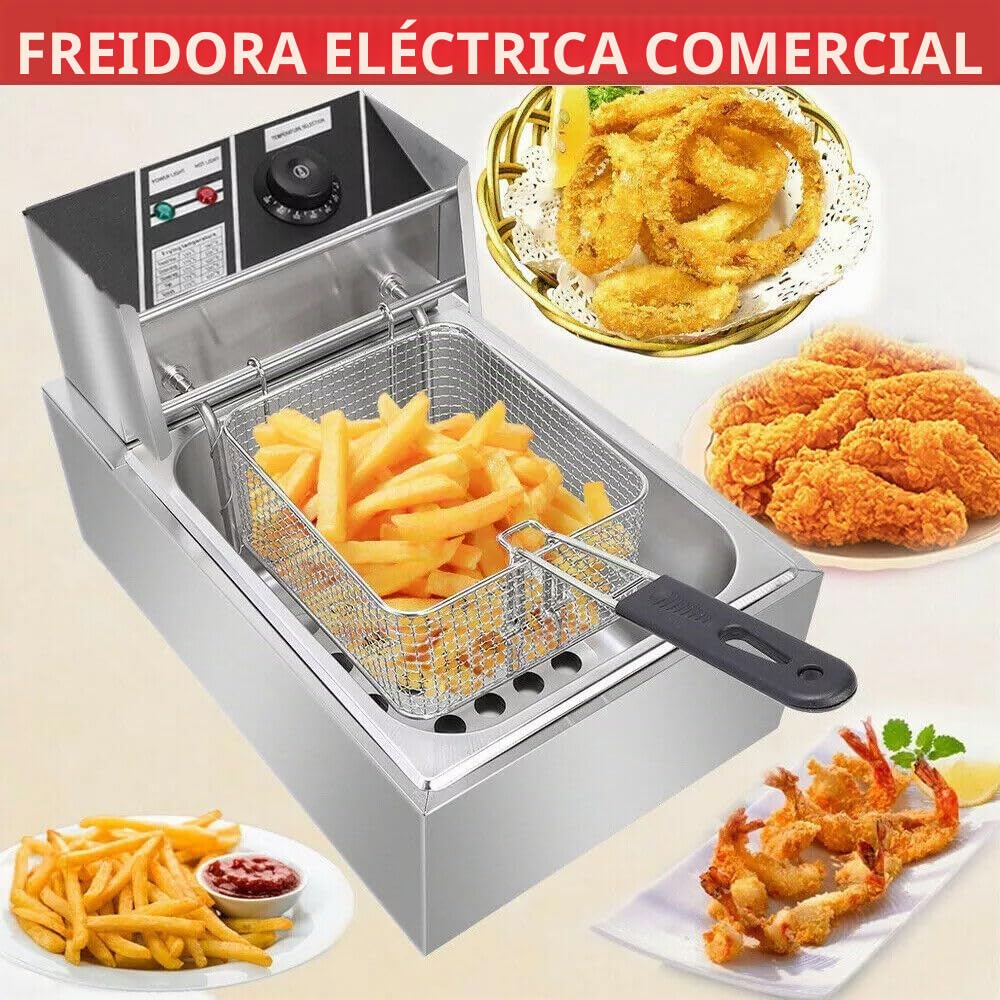 Freidora eléctrica con grasa, 2500 W, 6 l, freidora comercial, acero inoxidable, zonas frías, freidora, gastro profesional, freidora con aceite para restaurantes, cafeterías, bares, 60-200 °C