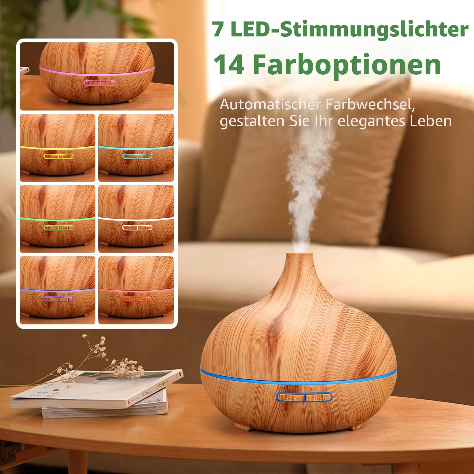 500ml Aroma Diffuser, Diffusoren für ätherische Öle, Aromatherapie-Diffusoren mit 7 LED-Leuchten, 2 Nebelmodi, 4 Timer, 23dB Luftbefeuchter Ultraschall Wasserloser Automatischer Abschaltung Gelb